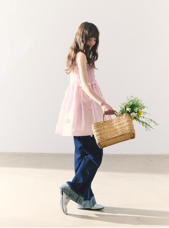 罐头粪便 - Two-Way Striped Ruched Cami Dress – 3D Floral Sweetheart Look