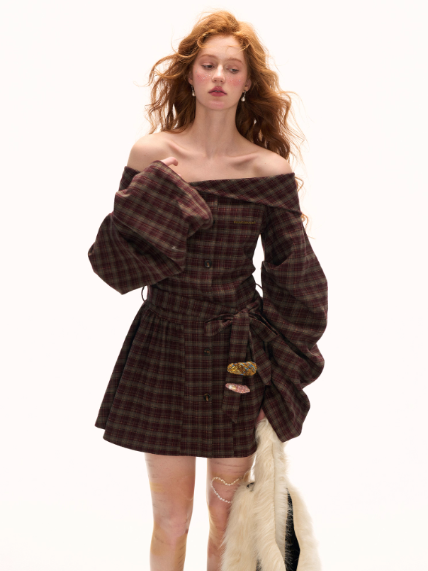 MAMC - Burgundy Grunge Off-Shoulder Plaid Dress