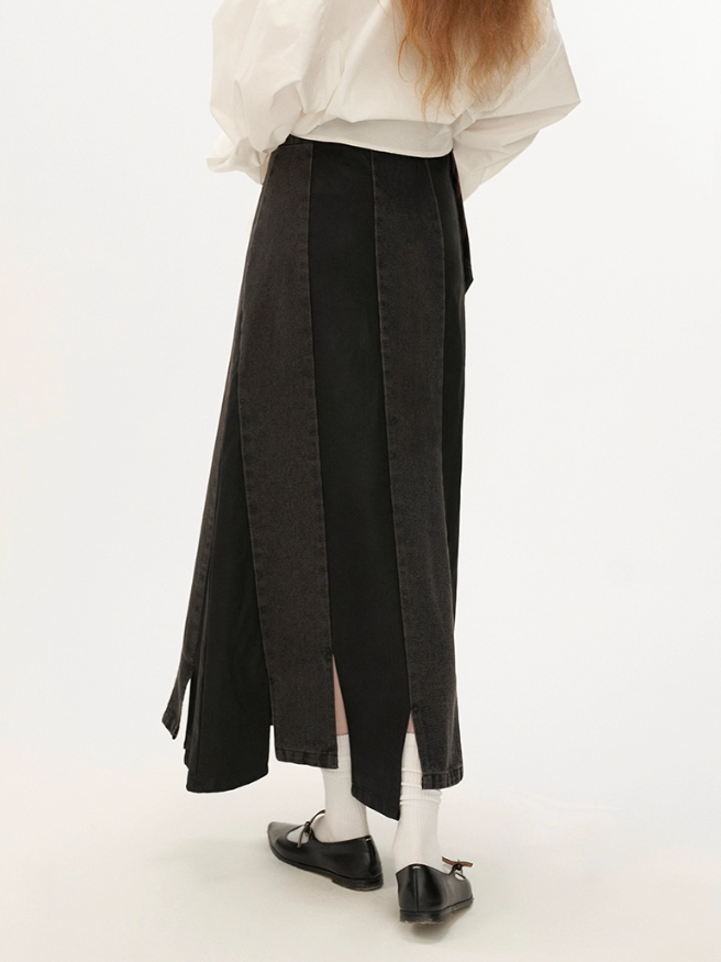 MAMC - Asymmetrical Denim & Faux Leather Panel Skirt