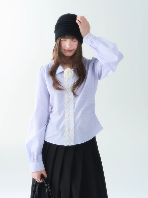 罐头士多所 - "Purple Whisper" Autumn Striped Lace Trim Long Sleeve Shirt