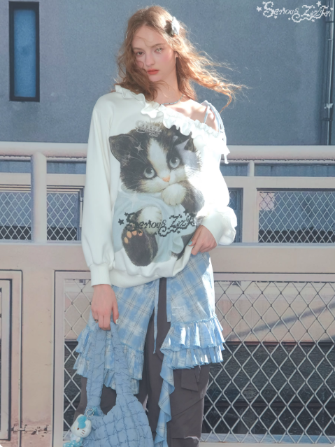 ZiziFei - Retro-Futuristic Cat-Print Off‑Shoulder Sweatshirt
