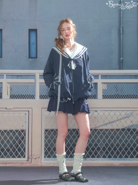 ZiziFei - Navy Sailor Zip-Up Jacket – Sporty Y2K Windbreaker with Bows