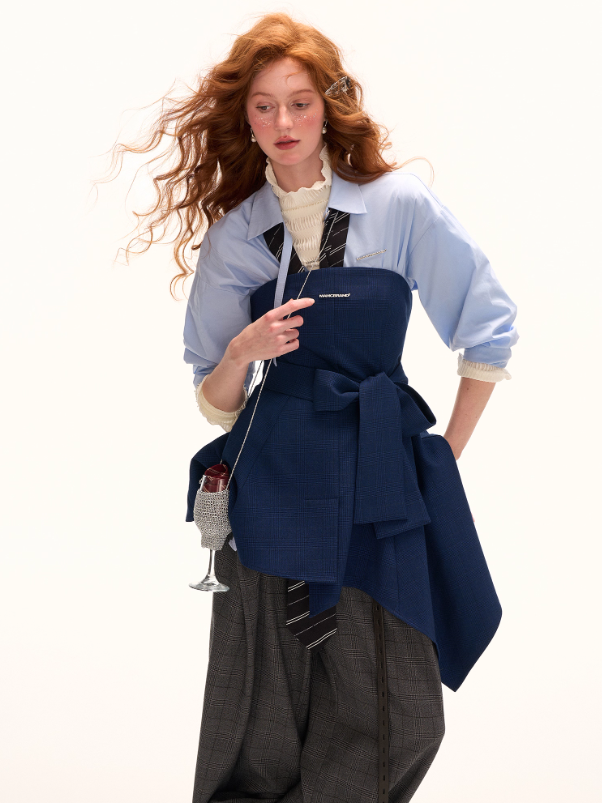 MAMC - Asymmetric Navy Strapless Bow Dress