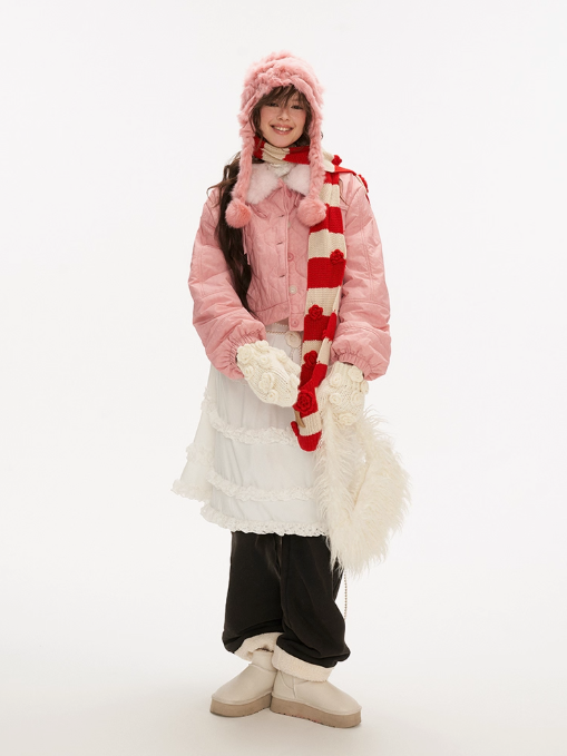 MAMC - Pink Quilted Faux Fur Bomber Jacket with Ribbon Detail