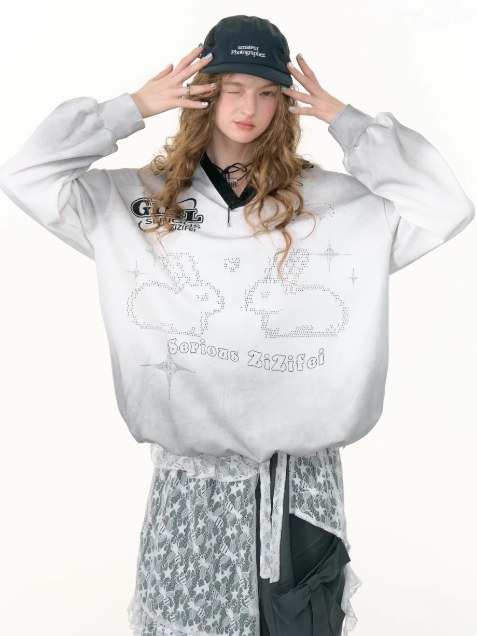 ZiziFei - Y2K Gradient Bunny V-Neck Sweatshirt – Polo Style Drawstring Pullover