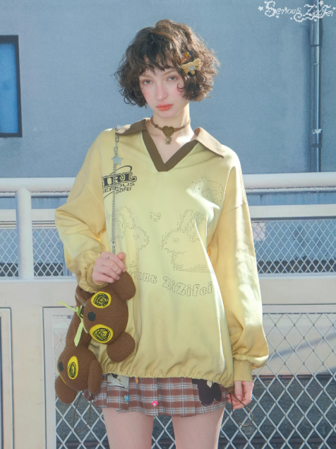 ZiziFei - Y2K Gradient Bunny V-Neck Sweatshirt – Polo Style Drawstring Pullover