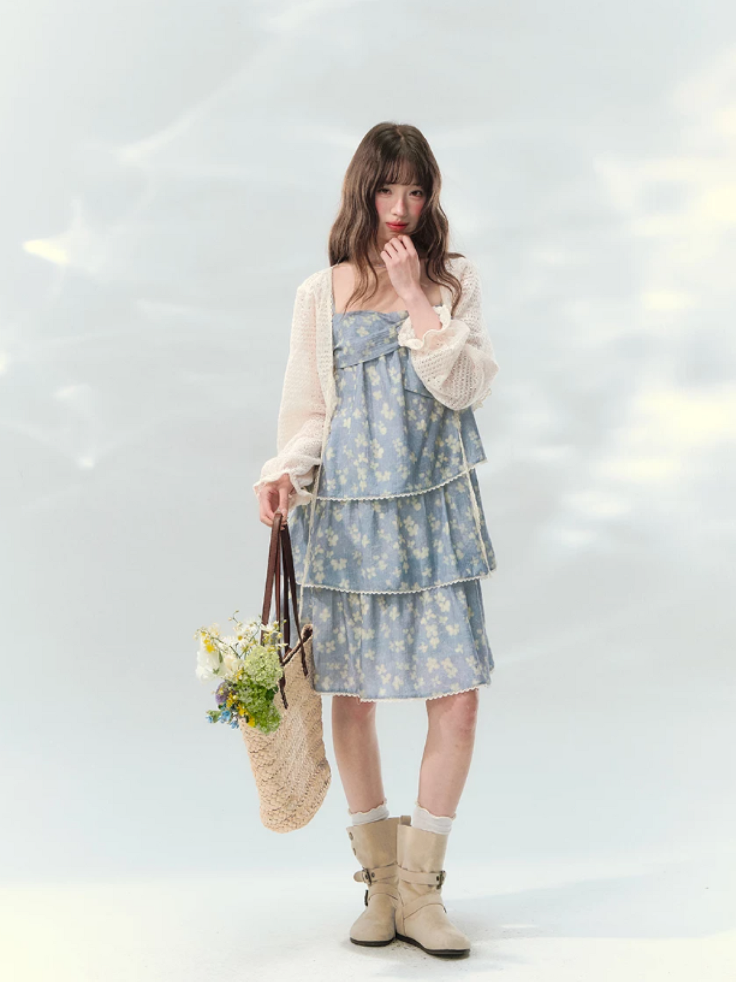 “Blue Mist Petals” Dusty Blue Floral Tiered Mini Dress LL2026120