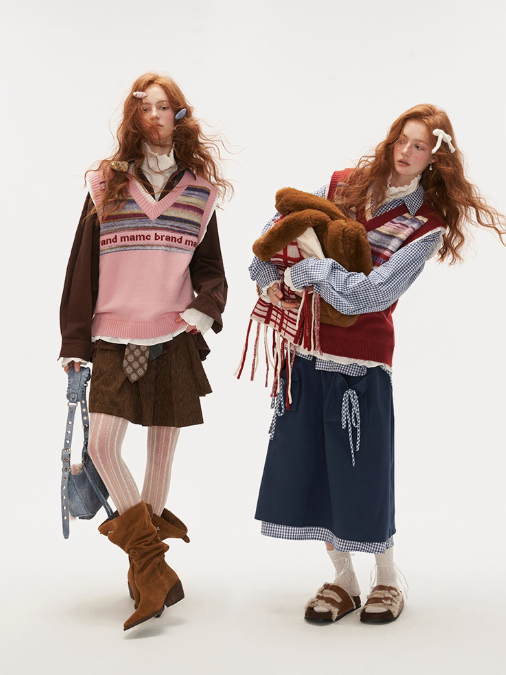 MAMC - Frill Glitch Striped Knit Vest – Red/ Coral Pink