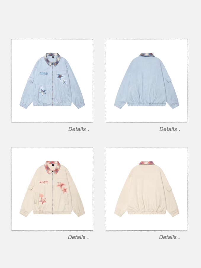 EZEK - Retro Star Embroidery Suede Zip-Up Jacket