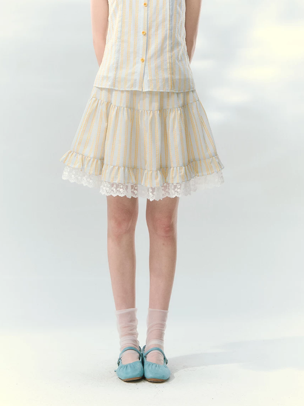 “Spring Lemon Breeze” Milk Blue Striped Shirt & Tiered Mini Skirt Set