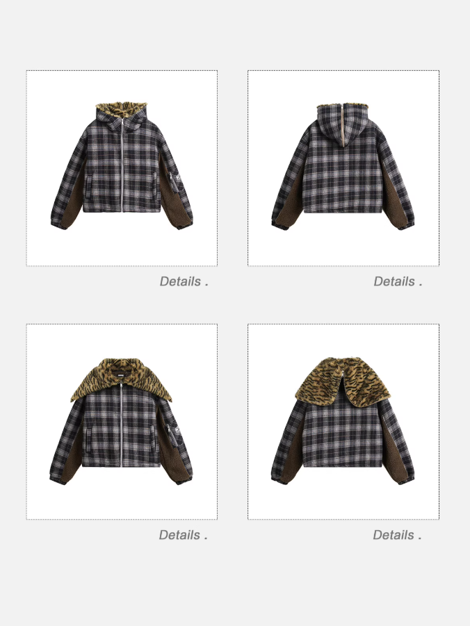 EZEK - Plaid Puffer Jacket with Detachable Leopard Hood