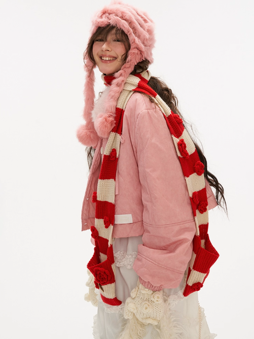 MAMC - Pink Quilted Faux Fur Bomber Jacket with Ribbon Detail