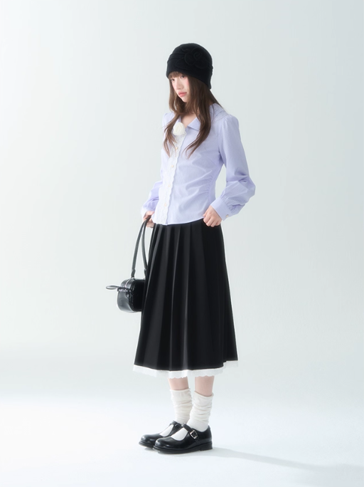 罐头士多所 - "Purple Whisper" Autumn Striped Lace Trim Long Sleeve Shirt