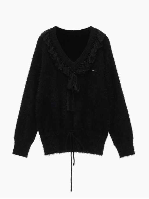 MAMC - V-Neck Ruffle Ribbon Knit Sweater