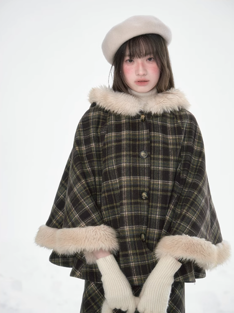 達淵如 - Plaid Cape With Fur Set