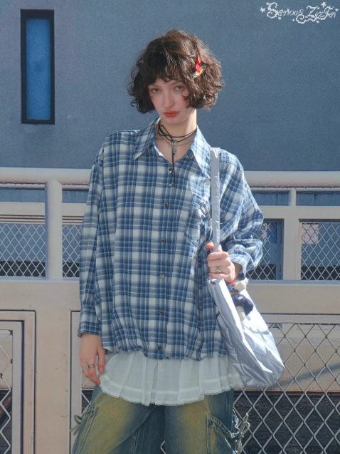 ZiziFei - Retro Plaid Puff Hem Shirt – Blue & White Checkered Y2K Button-Up