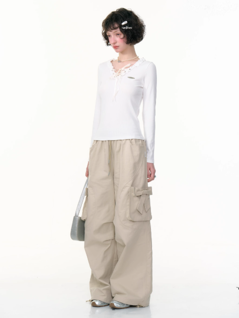 ZiziFei - Khaki Bow Cargo Pants – High Waist Wide Leg Retro Streetwear