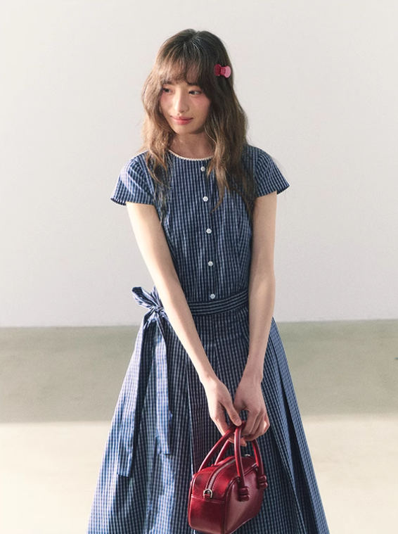 罐头粪便 - Summer Picnic Gingham Mini Dress – Short Sleeves & Waist Tie Detail