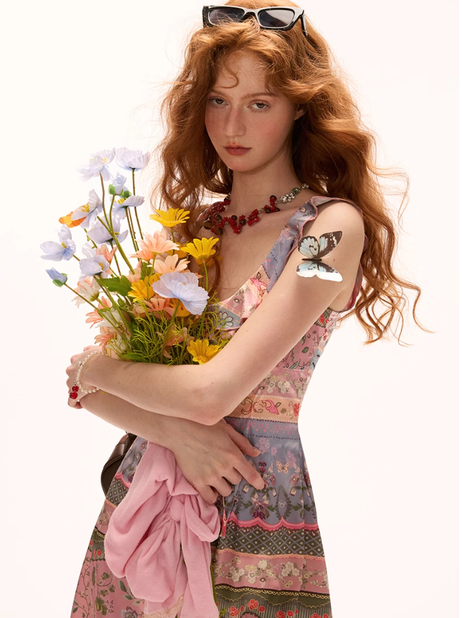 MAMC - Ruffled Floral Stripe Mini Dress – Sweet Pink Waist-Cinched Summer Fit
