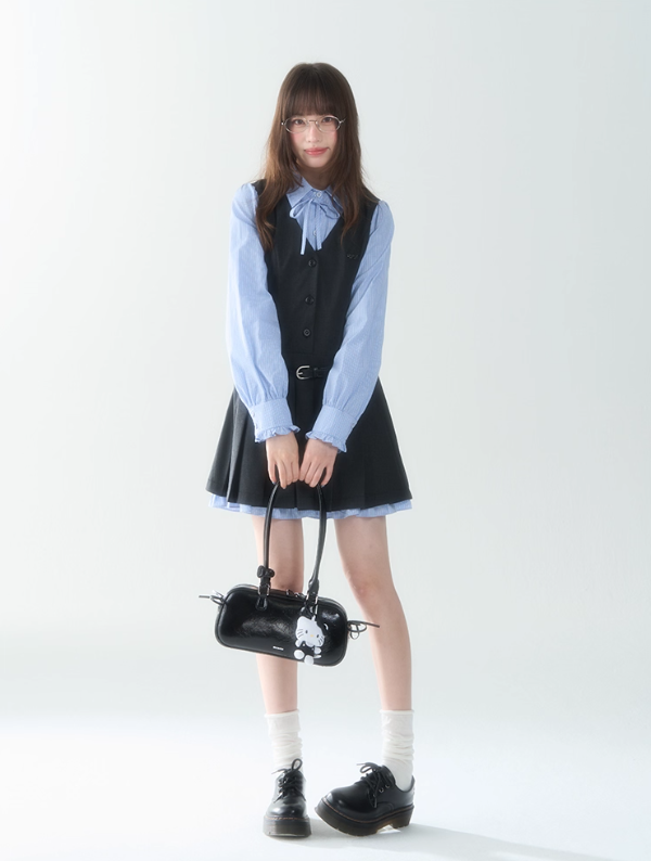 罐头士多所 - "Blue Elegance" Color-Blocked Pleated Long Sleeve Dress