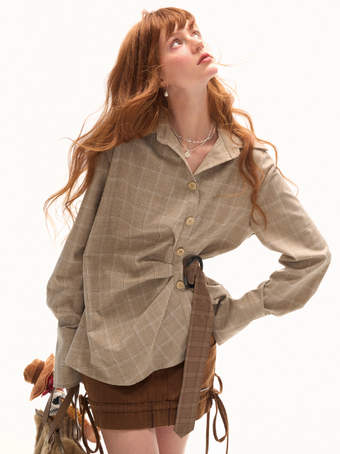 MAMC - Taupe Houndstooth Ring-Belt Shirt – Cinched Waist Fall Streetwear Blouse
