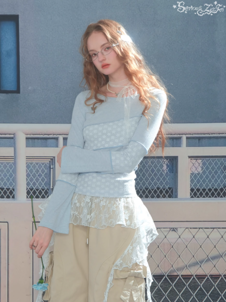 ZiziFei - Lace Panel Knit Long Sleeve – Slim Fit Retro Y2K Top