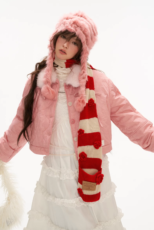 MAMC - Pink Quilted Faux Fur Bomber Jacket with Ribbon Detail