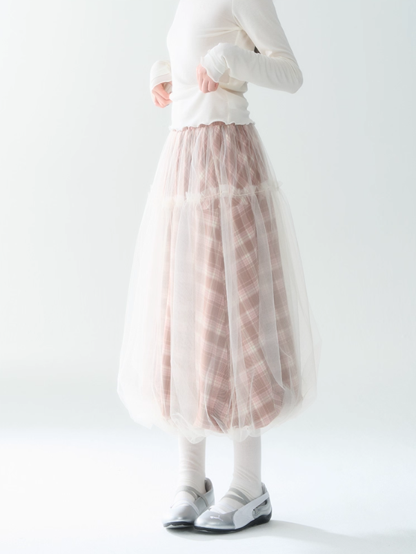 罐头士多所 - Layered Tulle Checkered Midi Skirt