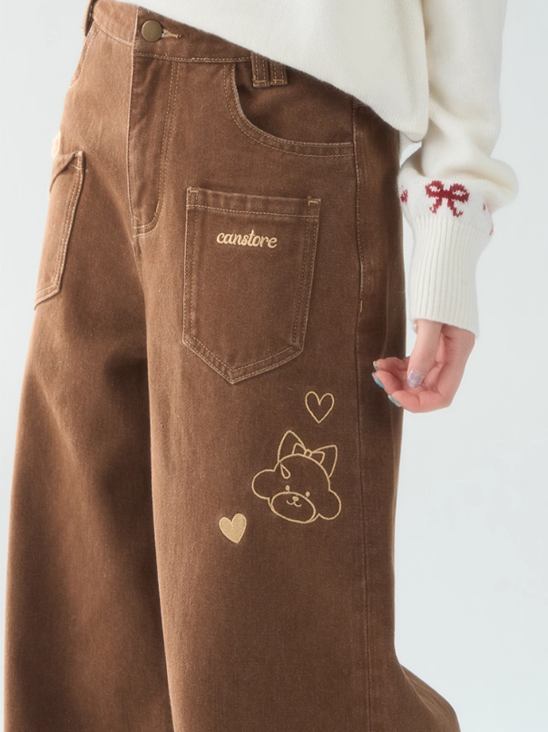 罐头士多所 - "Caramel Teddy" Embroidered Patchwork Pants