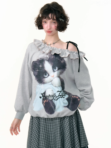 ZiziFei - Retro-Futuristic Cat-Print Off‑Shoulder Sweatshirt