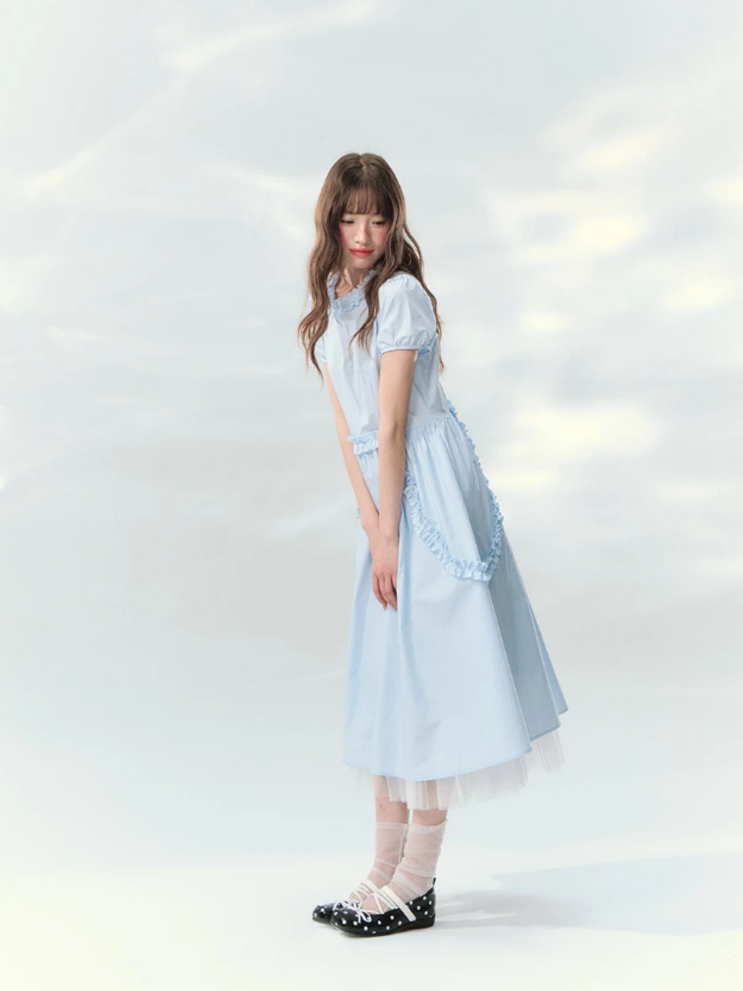 “Cloudside Blue” Mist Blue Puff Sleeve Midi Dress LL2026123