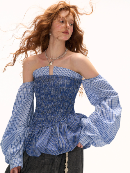 MAMC - Blue Off-Shoulder Shirred Peplum Top