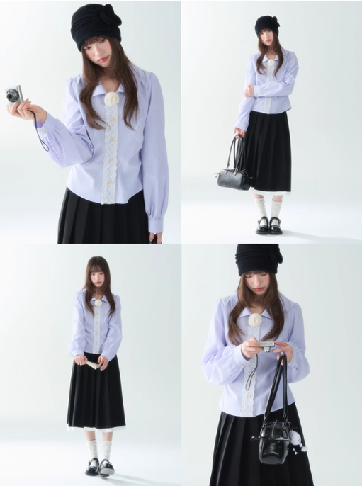 罐头士多所 - "Purple Whisper" Autumn Striped Lace Trim Long Sleeve Shirt