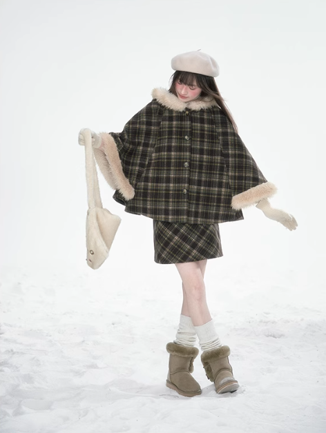 達淵如 - Plaid Cape With Fur Set