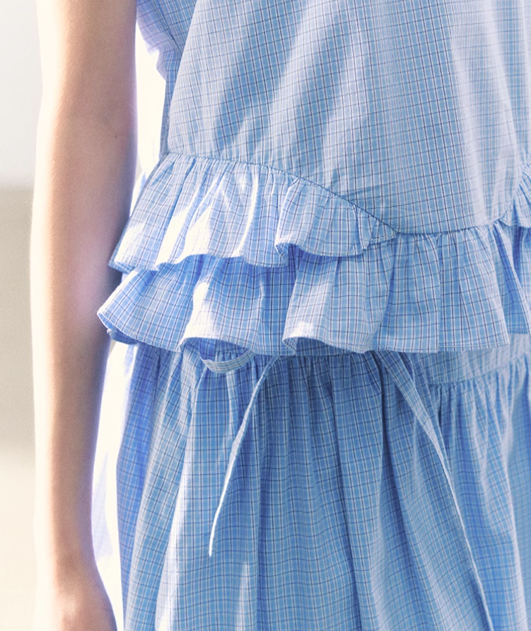 罐头士多所 - "Alice Formula" Light Blue Puff Sleeve Peter Pan Collar Blouse + Skirt Set