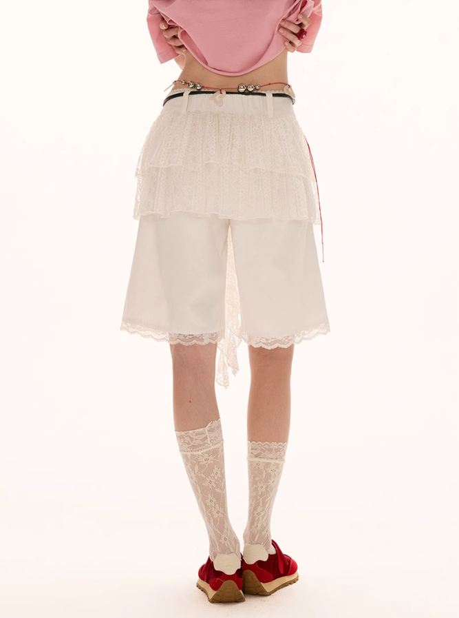 MAMC - Layered Lace Trim Shorts – White Summer Relaxed Fit