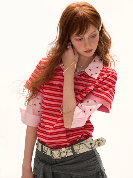 MAMC - Red Striped Layered-Look Polo Tee
