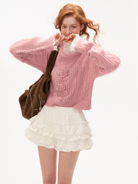 MAMC - 3D Rose Faux Fur Collar Knit Sweater