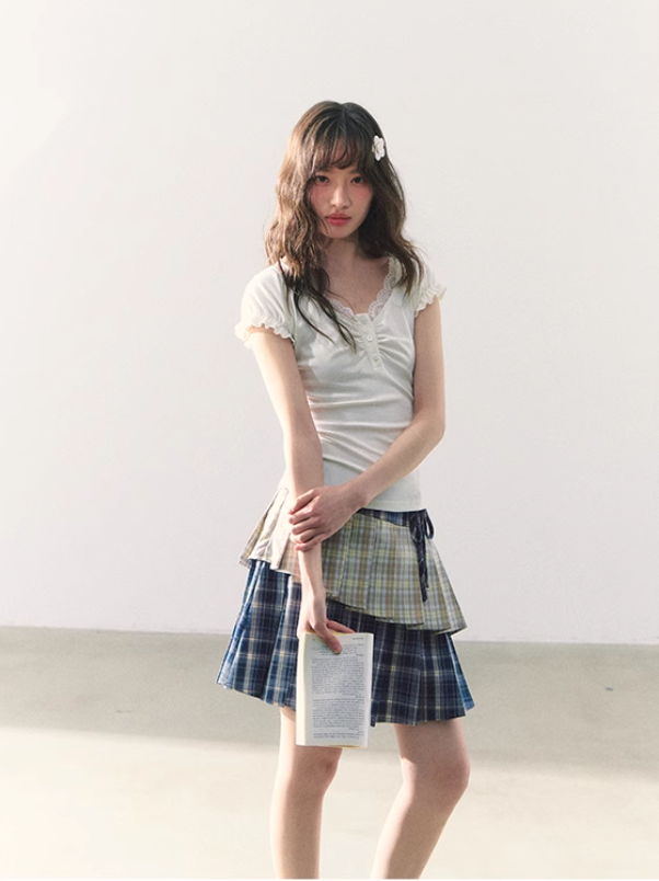 罐头粪便 - Preppy Gingham Patchwork Pleated Skirt – Asymmetric Mini Skirt
