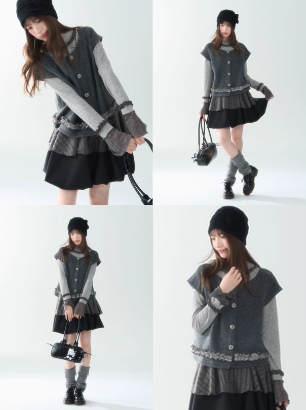 罐头士多所 - Soft Wave Contrast Color Ruffle Edge Knit Cardigan