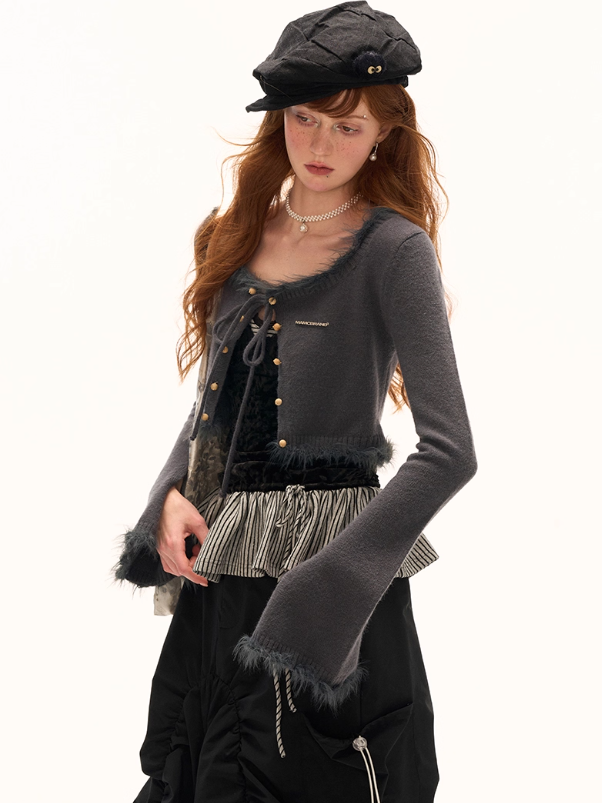 MAMC - Cropped Fuzzy-Trim Knit Cardigan