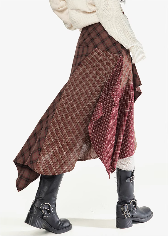 EPTISON - Plaid Irregular Patchwork Midi Skirt