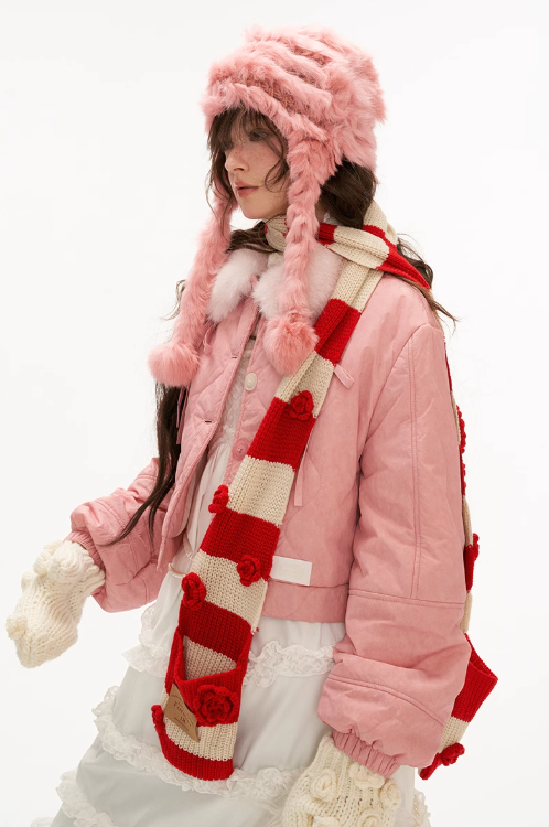 MAMC - Pink Quilted Faux Fur Bomber Jacket with Ribbon Detail