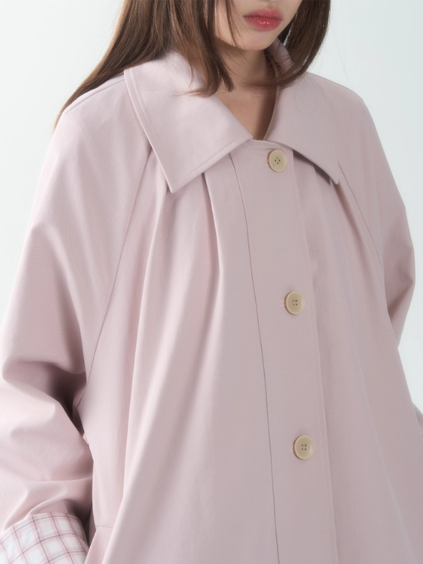 罐头士多所 - Peach Cream Plaid Trench Coat