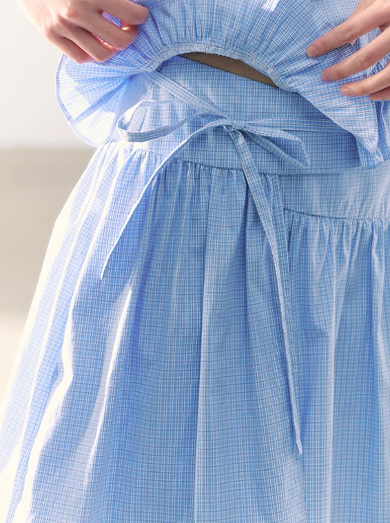 罐头士多所 - "Alice Formula" Light Blue Puff Sleeve Peter Pan Collar Blouse + Skirt Set