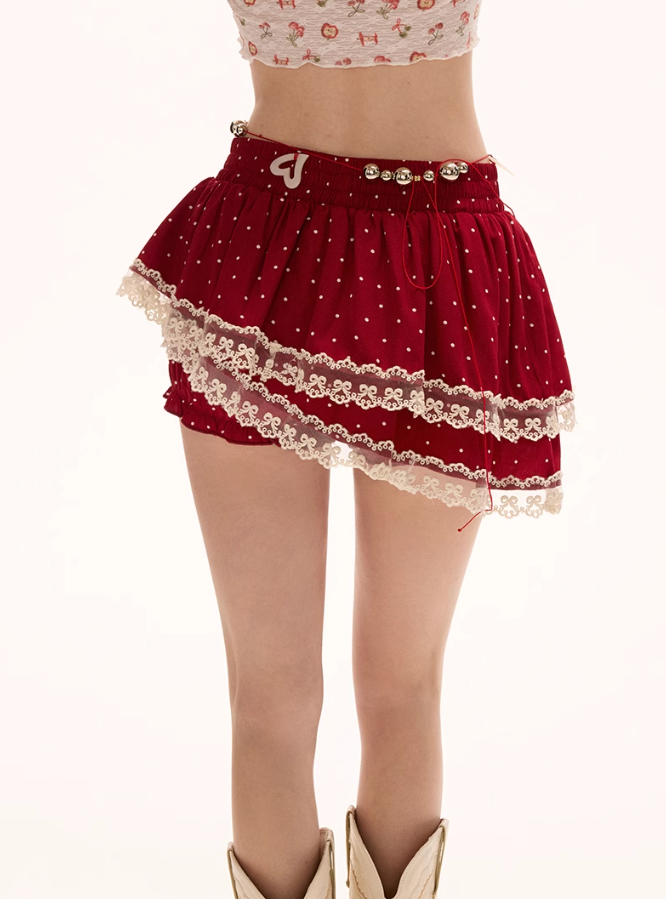 MAMC - Double-Layer Asymmetric Polka Dot Skirt with Built-In Bloomers