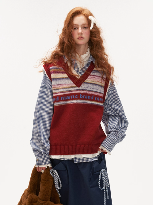 MAMC - Frill Glitch Striped Knit Vest – Red/ Coral Pink