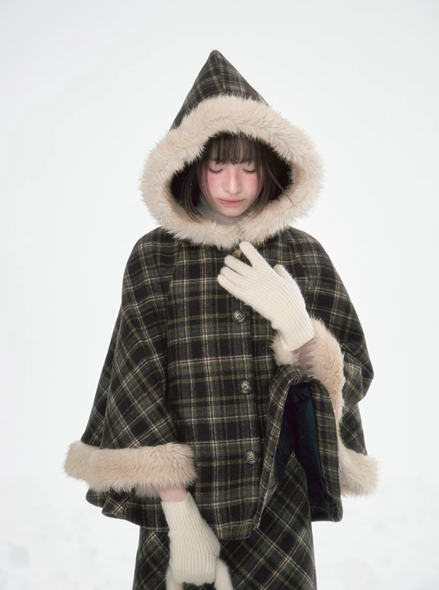 達淵如 - Plaid Cape With Fur Set