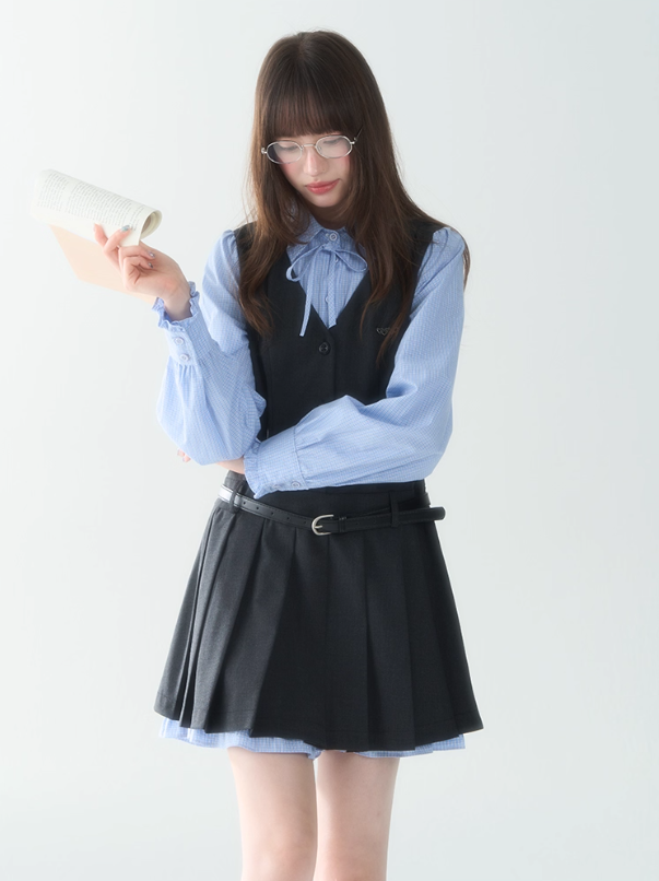 罐头士多所 - "Blue Elegance" Color-Blocked Pleated Long Sleeve Dress