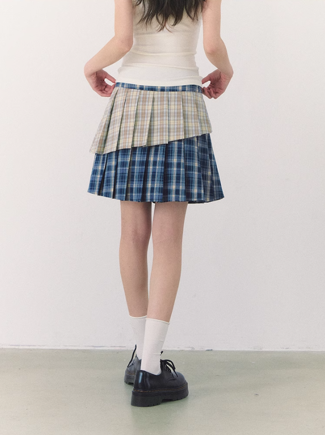罐头粪便 - Preppy Gingham Patchwork Pleated Skirt – Asymmetric Mini Skirt